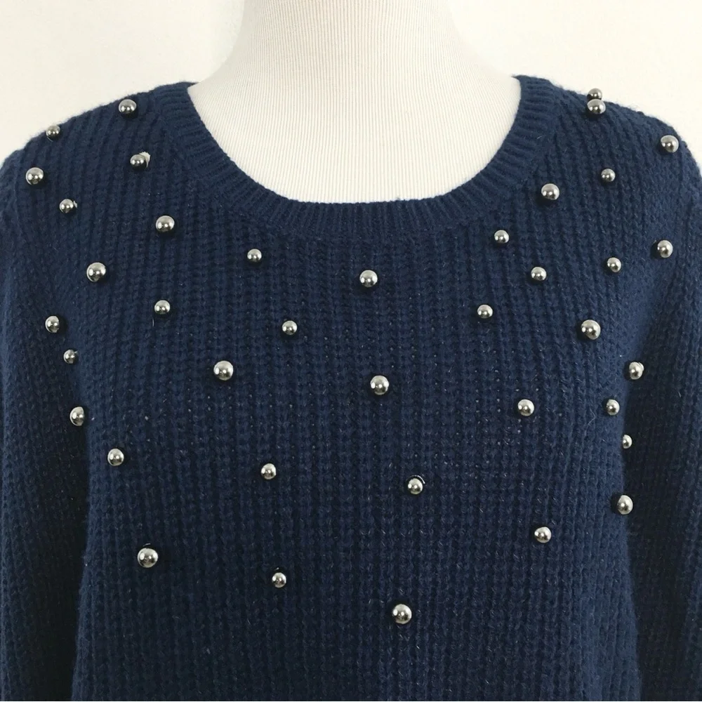 a.n.a. | Navy Sweater with Round Gun Metal Bead Details